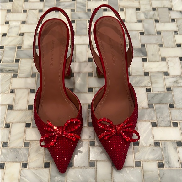 Amina Muaddi Red Rosie Crystal Embellished Slingback Heels